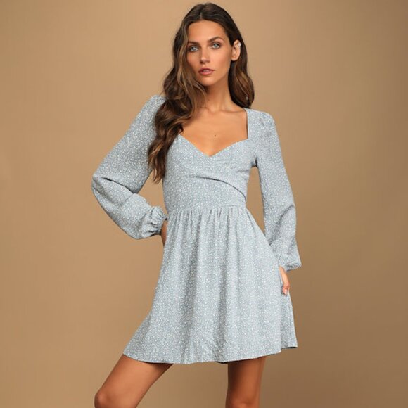 Lulus Always In Harmony Light Blue Floral Print Tie-back Mini Dress - Size L - Picture 1 of 2